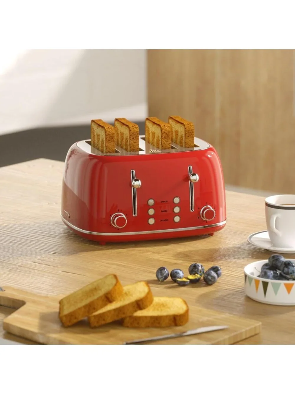 4 Slice Red Retro Stainless with 6 Bread Shade Settings 1.5''Wide Slots Toaster